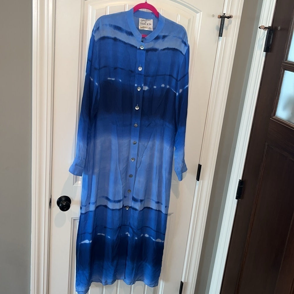 Rickie Freeman  Teri Jon Neiman Marcus long button down blue cover/shirtdress 14 - Picture 2 of 13